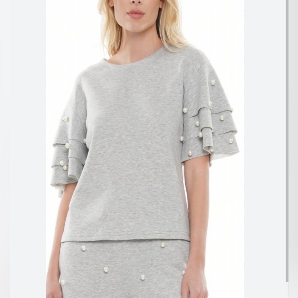 WHY Dress Short Sleeve Oversized Pearl Tiered Scuba Jersey T-Shirt - Picture 1 of 9